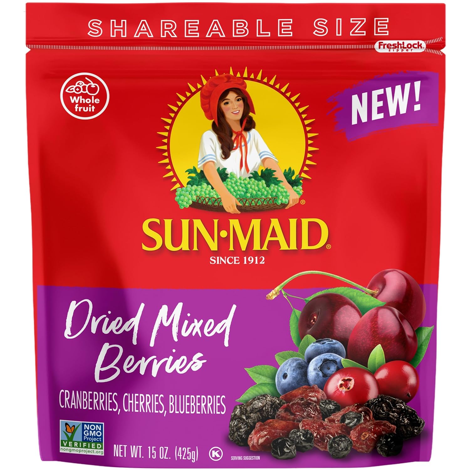 Sun-Maid Dried Mixed Berries – 15 oz Resealable Bag – Dried Cranberries, Cherries, Blueberries – Dried Fruit for School Snacks and Natural Sweeteners